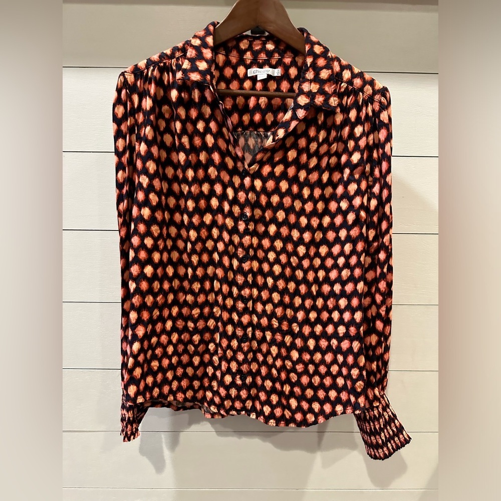 Chico’s Women’s Patterned Orange and Black Button-Front Top- size 3